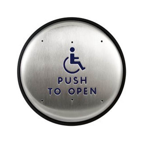 6" ROUND STAINLESS PLATE w/ BLUE HC LOGO, "PUSH TO OPEN"