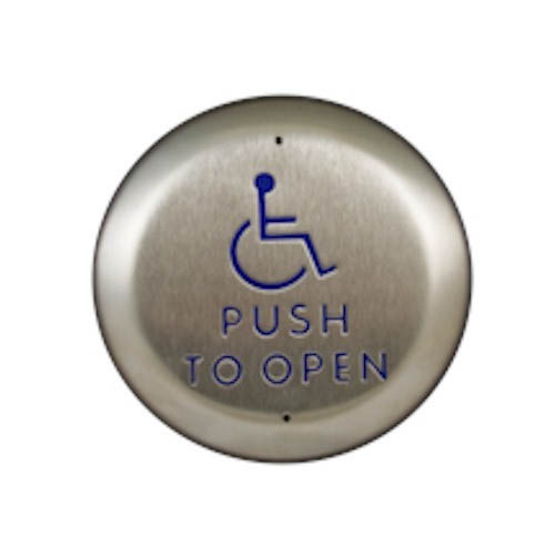4.5" ROUND STAINLESS PLATE w/ BLUE HC LOGO, "PUSH TO OPEN"